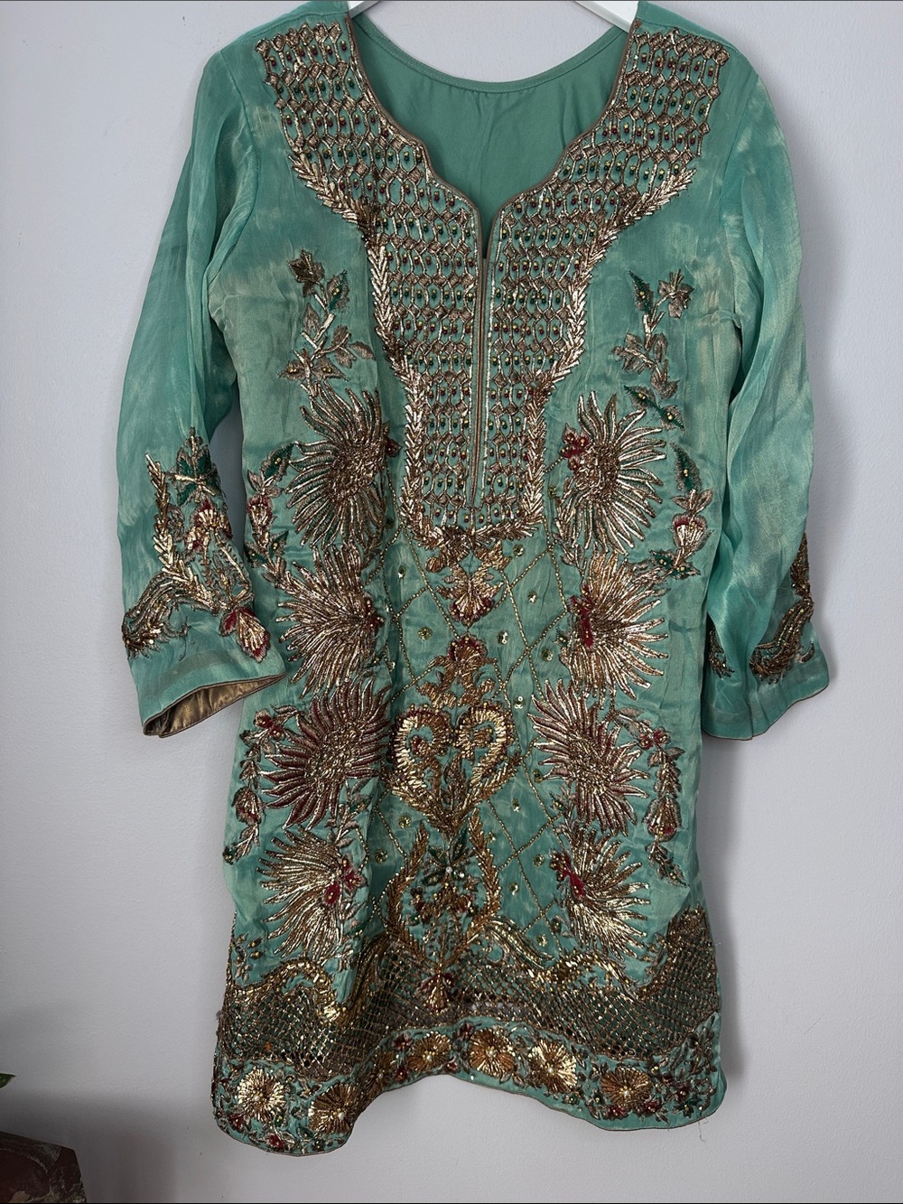 Embellished Teal women’s Kurta with Gold Embroidery